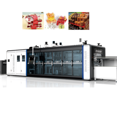 Máquina Termoformadora JF76 de três estações a vácuo para produção de embalagens plásticas em PP, HIPS, PET, PVC e PLA.