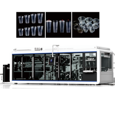 Máquina Termoformadora 70H com molde basculante para produção de copos e embalagens plásticas em PP, PS, PET, HIPS e PE.
